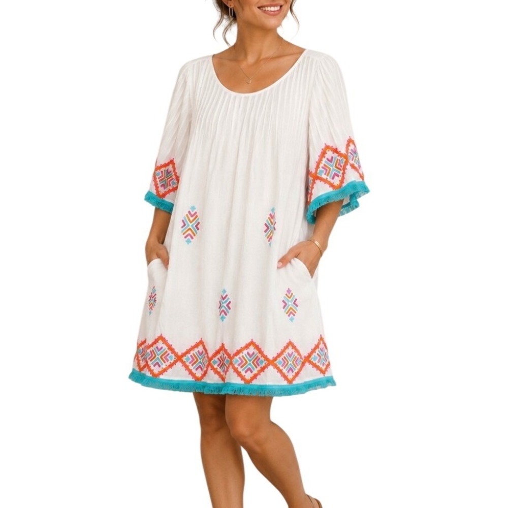 Naudic Women White Embroidered Boho Tunic Dress Fringe Hem tassel Size Small